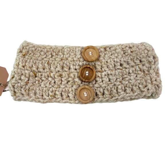 Handcrafted Beige Knit Headband With Wooden Buttons Cozy & Stylish Accessory NWT - Picture 1 of 8